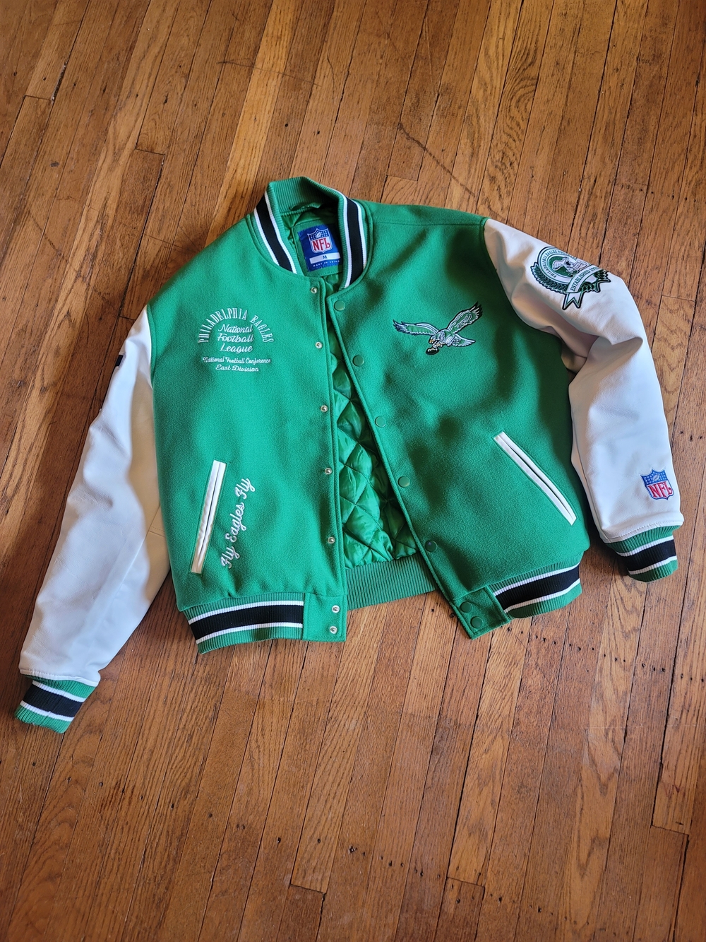 NFL Vintage Philadelphia Eagles Varsity Bomber Jacket Leather And Wool M